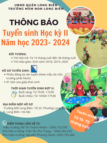 Trường mầm non Long Biên thông báo tuyển sinh học kỳ II năm học 2023- 2024