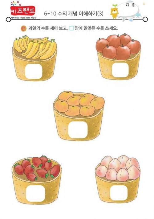 Bé hãy đếm xem cô có mấy quả chuối, cam, dâu, đào và táo, bé hãy viết số sao cho đúng nhé