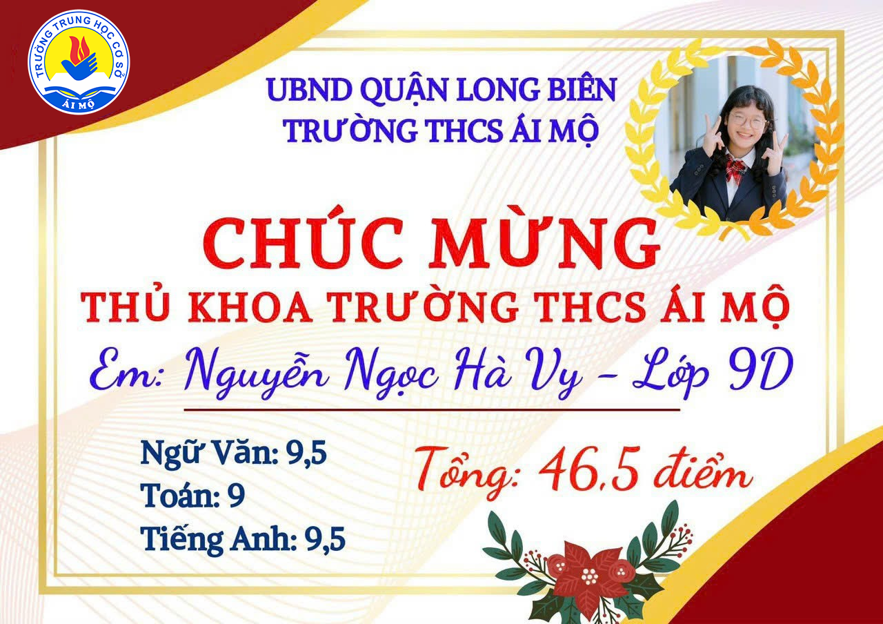 Chúc mừng em Nguyễn Ngọc Hà Vy - Thủ khoa trường THCS Ái Mộ trong kỳ thi vào lớp 10 THPT công lập Hà Nội năm học 2024-2025