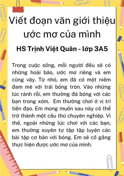 Đoạn văn giới thiệu ước mơ - HS Trịnh Việt Quân Lớp 3A5