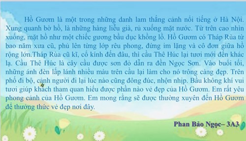 Đoạn văn tả Hồ Gươm - HS Phan Bảo Ngọc Lớp 3A3