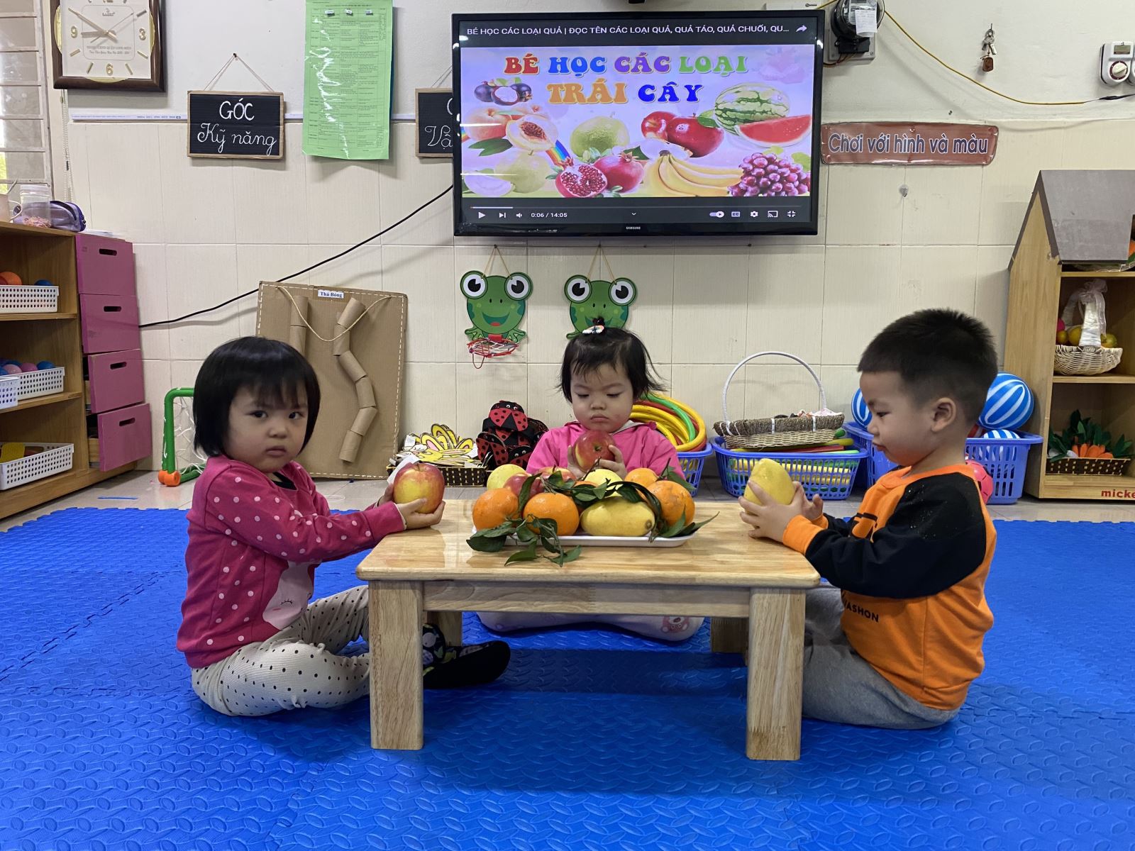 Các bé lớp D2 học nhận biết một số loại trái cây