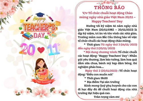 ính gửi Quý phụ huynh Trường mầm non Bắc Cầu về việc tổ chức chuỗi các hoạt động chào mừng ngày Nhà giáo Việt Nam 20/11. 🎉❤️❤️