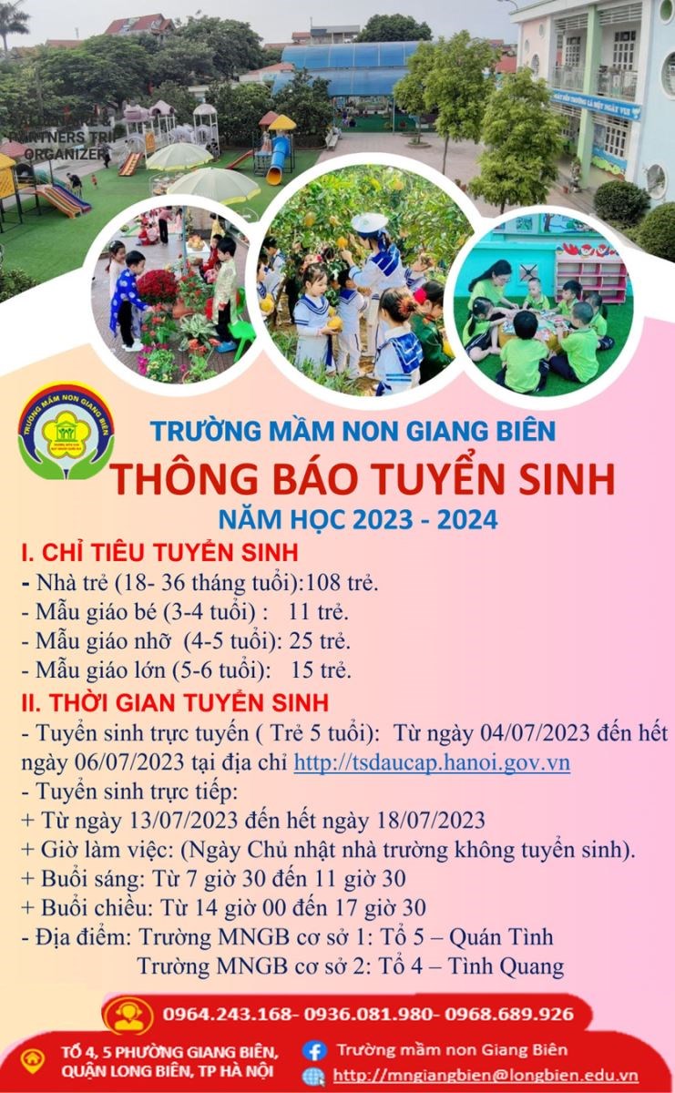 Trường mầm non Giang Biên Thông báo tuyển sinh năm học 2023- 2024