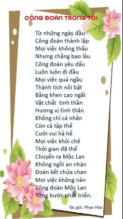 Tên bài thơ: CÔNG ĐOÀN TRONG TÔI Tác giả: Phan Thị Hòa - Phó Hiệu trưởng, Chủ tịch công đoàn Trường MN Hoa Mộc Lan