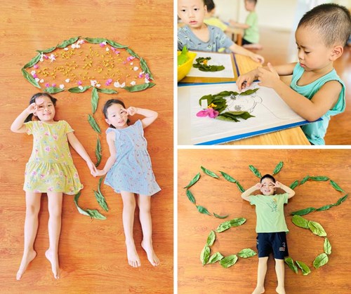 Cùng các bé học sinh lớp mẫu giáo Nhỡ B1 làm tranh sáng tạo từ hoa và lá cây