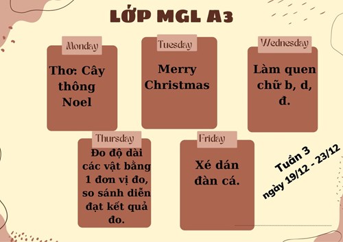 Chương trình học tuần 3 tháng 12 của các bé lớp mgl a3