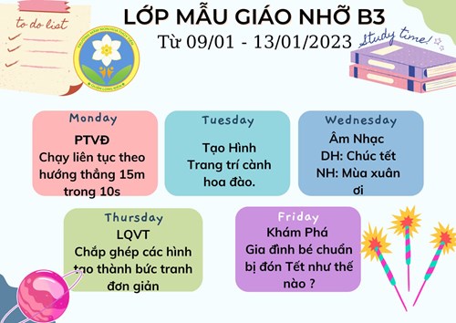 Chương trình học tuần 2 tháng 1 của các bé lớp mgn b3