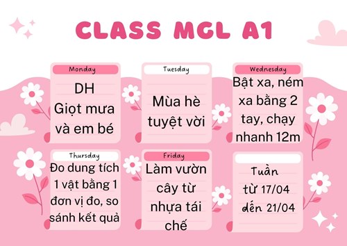 Chương trình học tuần 4 tháng 4/2023 của các bé lớp MGL A1