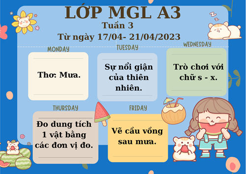 Chương trình học tuần 3 tháng 4/2023 của các bé lớp MGL A3