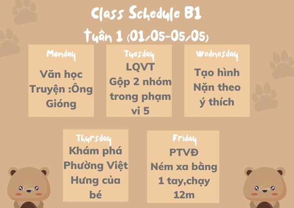 Chương trình học tuần 1 tháng 5/2023 của các bé lớp MGN B1