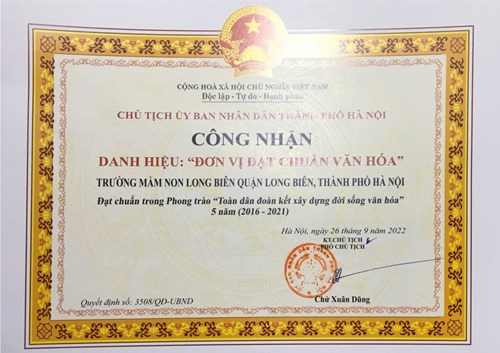 Chúc mừng trường mầm non Long Biên được công nhận Danh hiệu  Đơn vị đạt chuẩn văn hóa 