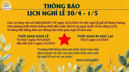 Thông báo lịch nghỉ lễ Giỗ tổ Hùng Vương, Ngày giải phóng Miền Nam thống nhất đất nước 30/4, ngày Quốc tế lao động 1/5 năm 2023