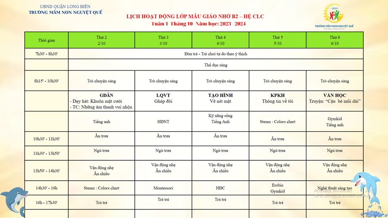 Chương trình học tuần 1 tháng 10 lớp MGN B2 - Hệ CLC