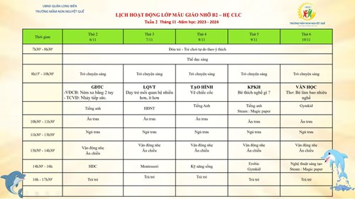 Chương trình học tuần 2 tháng 11 lớp MGN B2 - Hệ CLC