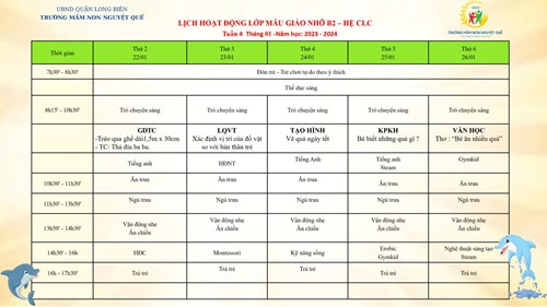 Chương trình học tuần 4 tháng 1 lớp MGN B2 - Hệ CLC