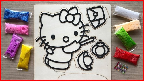 Tranh tô màu bằng Slime bọt xốp mèo Hello Kitty trên gỗ 3D