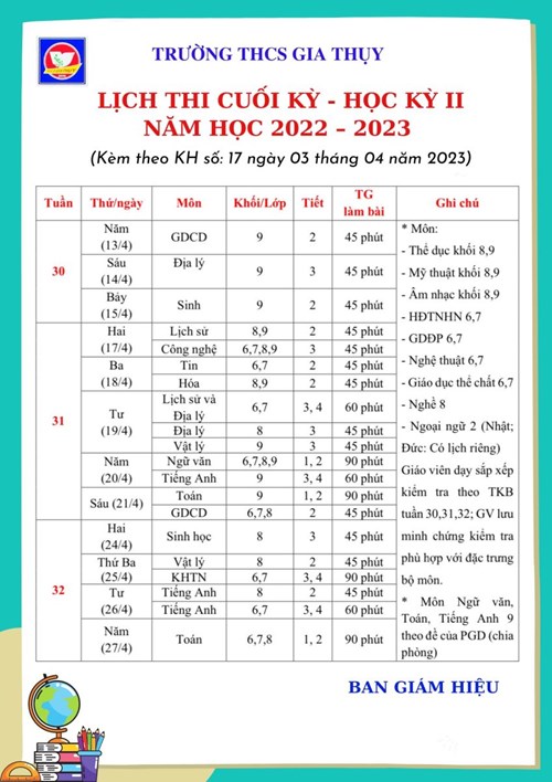 Thông báo lịch thi cuối kỳ II - Học kỳ II năm học 2021 - 2023