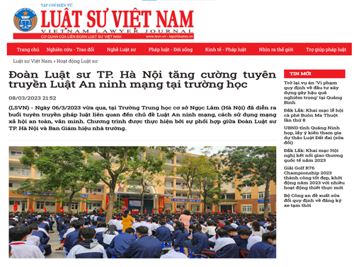 Tạp chí Luật sư Việt Nam:  Đoàn Luật sư TP. Hà Nội tăng cường tuyên truyền Luật An ninh mạng tại trường học 
