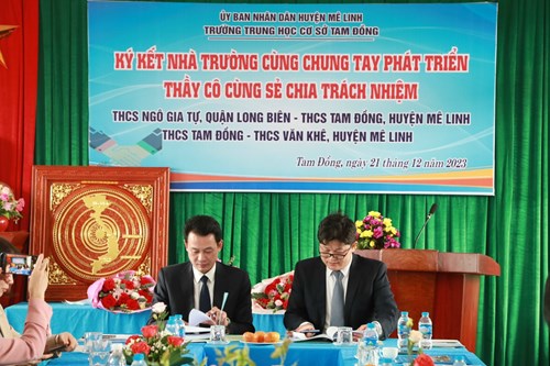 Hội nghị Ký kết triển khai phong trào  Nhà trường cùng chung tay phát triển - Thầy cô cùng chia sẻ trách nhiệm  giai đoạn 2023 - 2025 giữa trường THCS Ngô Gia Tự, quận Long Biên và trường THCS Tam Đồng, huyện Mê Linh.