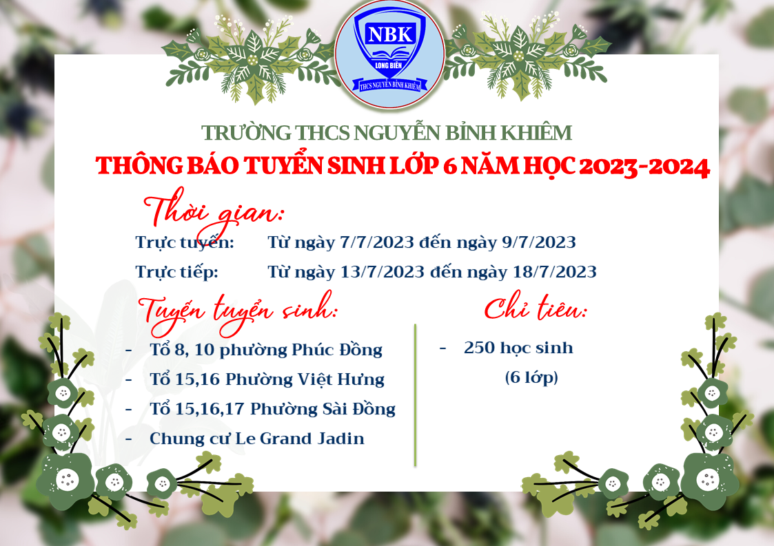 Thông tin về tuyển sinh lớp 6 năm học 2023-2024 trường THCS Nguyễn Bỉnh Khiêm