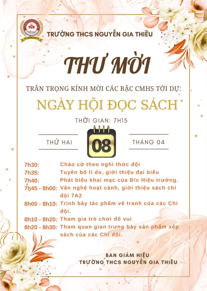 Trân trọng kính mời các bậc CMHS tới dự “Ngày hội đọc sách” của Trường THCS Nguyễn Gia Thiều.