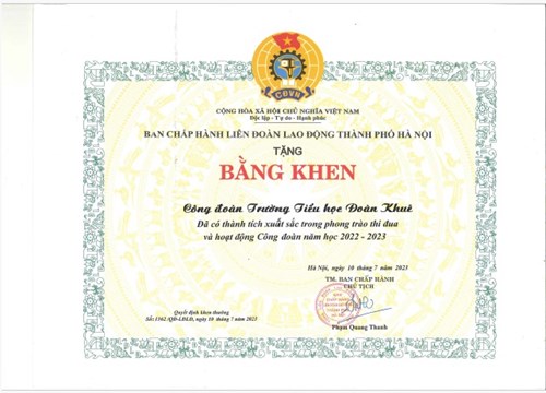 Nhà trường được BCH Liên đoàn Lao động thành phố Hà Nội tặng bằng khen đã có thành tích xuất sắc trong phong trào thi đua và hoạt động Công đoàn năm học 2022 - 2023