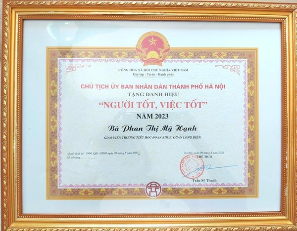 01 đồng chí được Chủ tịch UBND thành phố Hà Nội tặng danh hiệu  Người tốt, việc tốt  năm 2023