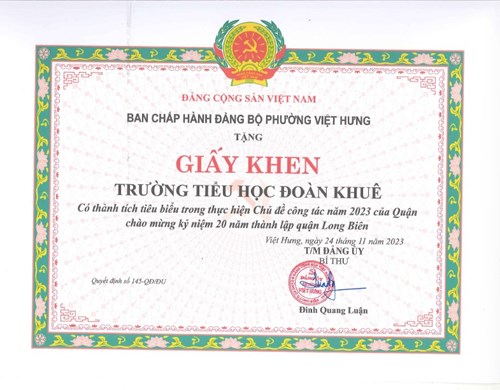 Nhà trường được BCH Đảng bộ phường Việt Hưng tặng giấy khen có thành tích tiêu biểu trong thực hiện Chủ đề công tác năm 2023 của Quận chào mừng kỷ niệm 20 năm thành lập quận Long Biên