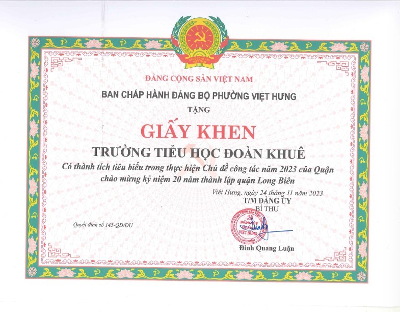 Nhà trường được BCH Đảng bộ phường Việt Hưng tặng giấy khen có thành tích tiêu biểu trong thực hiện Chủ đề công tác năm 2023 của Quận chào mừng kỷ niệm 20 năm thành lập quận Long Biên