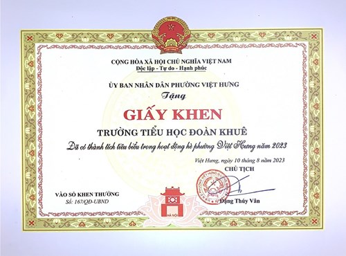 Giấy khen trường Tiểu học Đoàn Khuê đã có thành tích tiêu biểu trong hoạt động hè phường Việt Hưng năm 2023