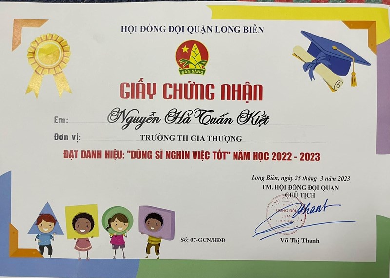Vinh danh học sinh Nguyễn Hà Tuấn Kiệt đạt danh hiệu  Dũng sĩ nghìn việc tốt  năm học 2022 - 2023