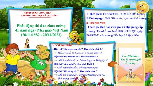 Trường Tiểu học Lê Quý Đôn phát động thi đua chào mừng kỉ niệm 41 năm ngày Nhà giáo Việt Nam ( 20/11/1982 - 20/11/2023)