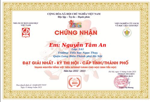 Chúc mừng các em học sinh đạt giải Kỳ thi Trạng nguyên Tiếng Việt trên Internet dành cho học sinh tiểu học 