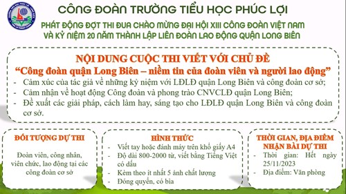Kế hoạch phát động đợt thi đua trong công nhân viên chức lao động, Chào mừng Đại hội XIII công đoàn Việt Nam và kỷ niệm 20 năm thành lập Liên đoàn lao động quận Long Biên (09/12/2003 - 09/12/2023)