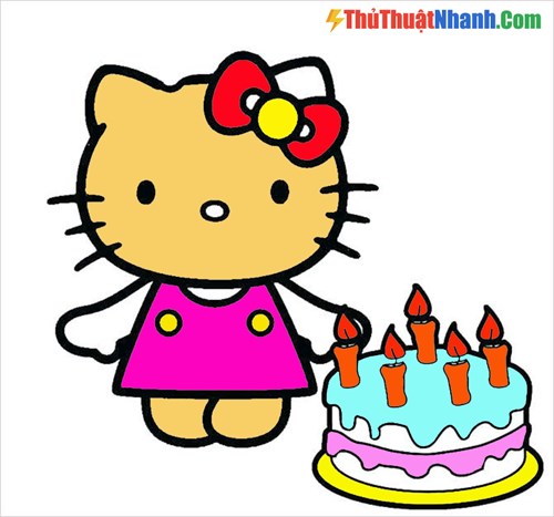 Tô màu tranh mèo hello kitty cùng bánh sinh nhật