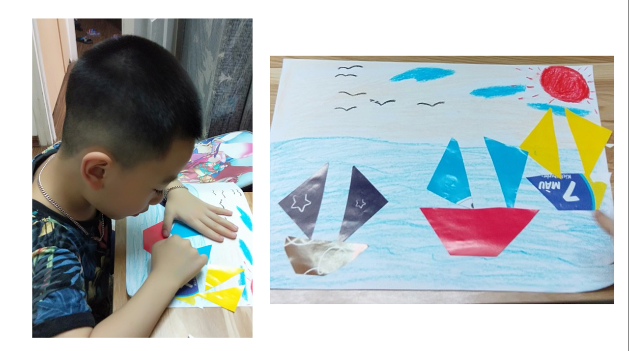Bé Trịnh Minh Quang với bài cắt dán thuyền trên biển