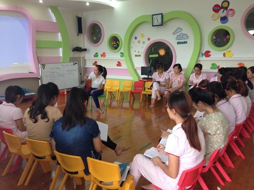 Trường MN ĐT Việt Hưng tổ chức tập huấn bồi dưỡng kỹ năng giao tiếp Tiếng Anh cho 100% giáo viên trong trường.