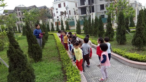 Các cháu lớp NT D3 hào hứng đi thăm quan vườn cây ăn quả của trường
