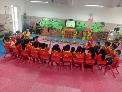 Các bé lớp b5 hứng thú với hoạt động phát triển ngôn ngữ
qua câu chuyện: “thỏ con đi học”
