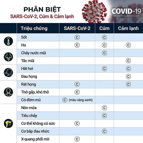 Một số dấu hiệu phân biệt SARS-CoV-2, cúm và cảm lạnh
