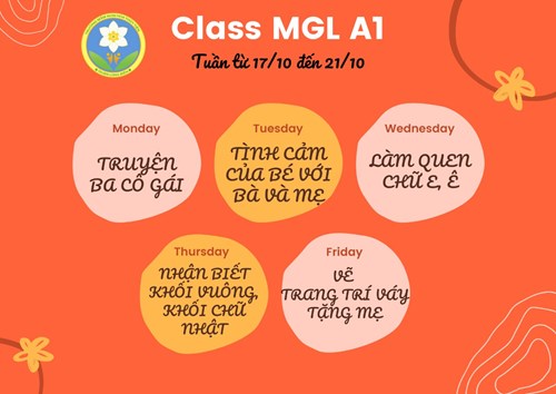 Chương trình học tuần 3 tháng 10 (từ ngày 17/10 - 21/10/2022) của các bé lớp MGL A1