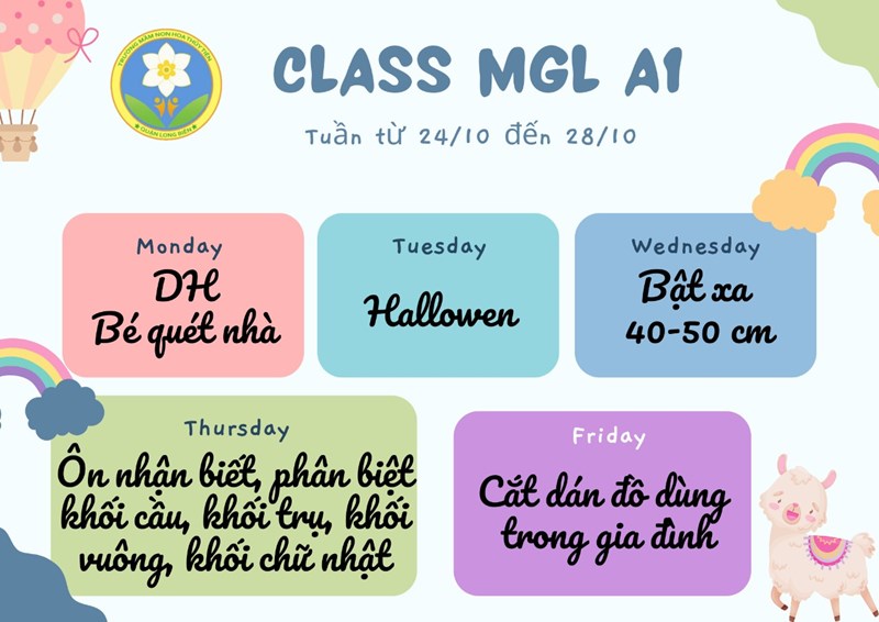 Chương trình học tuần 4 tháng 10 lớp MGL A1