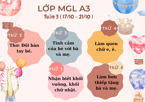Chương trình học tuần 3 tháng 10 (từ ngày 17/10 - 21/10/2022) của các bé lớp MGL A3