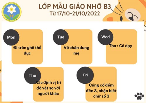 Chương trình học tuần 3 tháng 10 (từ ngày 17/10 - 21/10/2022) của các bé lớp MGN B3