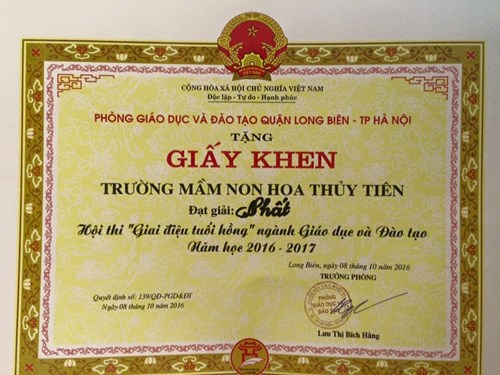 Trường Mn Hoa Thủy Tiên đạt giải nhất
Hội thi “Giai điệu tuổi hồng” cấp học mầm non
Quận Long Biên
