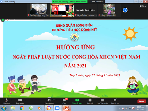 Trường Mầm non Thạch Cầu tham dự trực tuyến Lễ hưởng ứng   Ngày pháp luật nước Cộng hòa XHCN Việt Nam   Năm 2021 do PGD&ĐT Quận Long Biên tổ chức tại trường tiểu học Đoàn Kết.