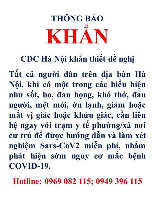 Thông báo KHẨN từ CDC Hà Nội