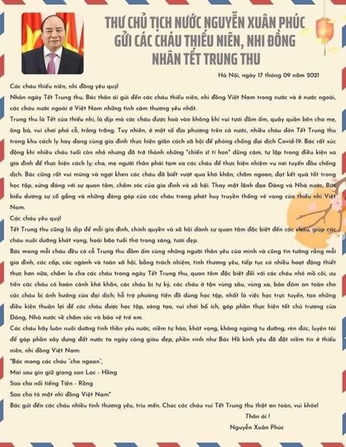 Thư Chủ tịch nước Nguyễn Xuân Phúc gửi thư các cháu Thiếu niên, Nhi đồng nhân Tết Trung thu.