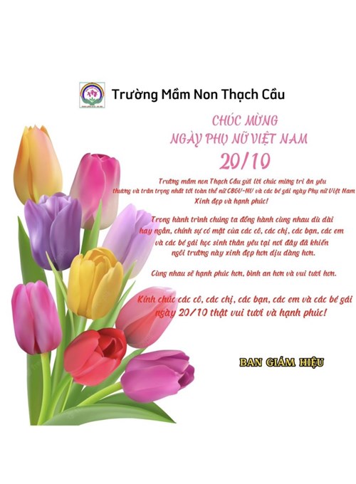 Trường mầm non Thạch Cầu gửi lời chúc mừng tri ân yêu thương và trân trọng nhất tới toàn thể CBGVNV và các bé gái ngày Phụ nữ Việt Nam